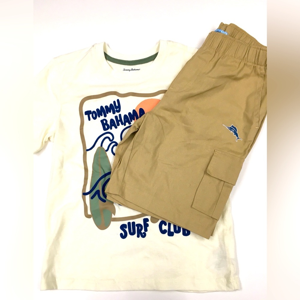 Boys Tommy Bahama T-shirt + Cargo Shorts Size 6 Tan Blue Casual Spring